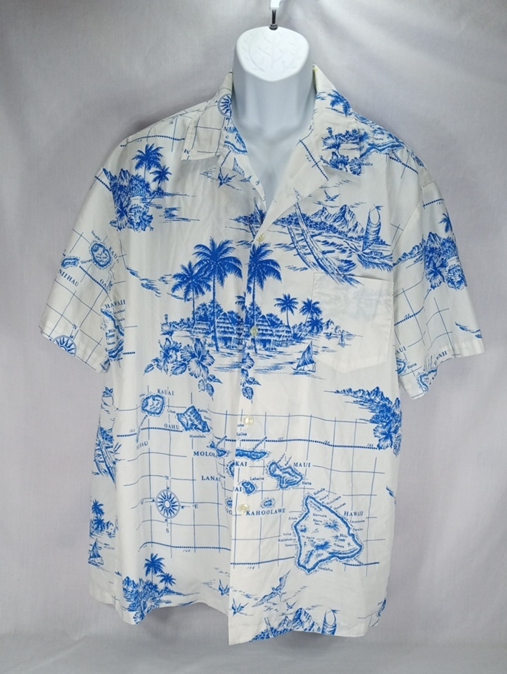 Rai Nani Men's Blue & White Island-Print Short-Sleeve Button-Down Shirt Hawaii